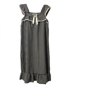 Black and White Gingham Check Cottage Core Lace Ruffle Midi House Dress